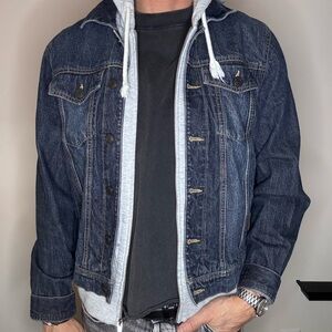 Men's Blue Denim Jacket with grey hoodie